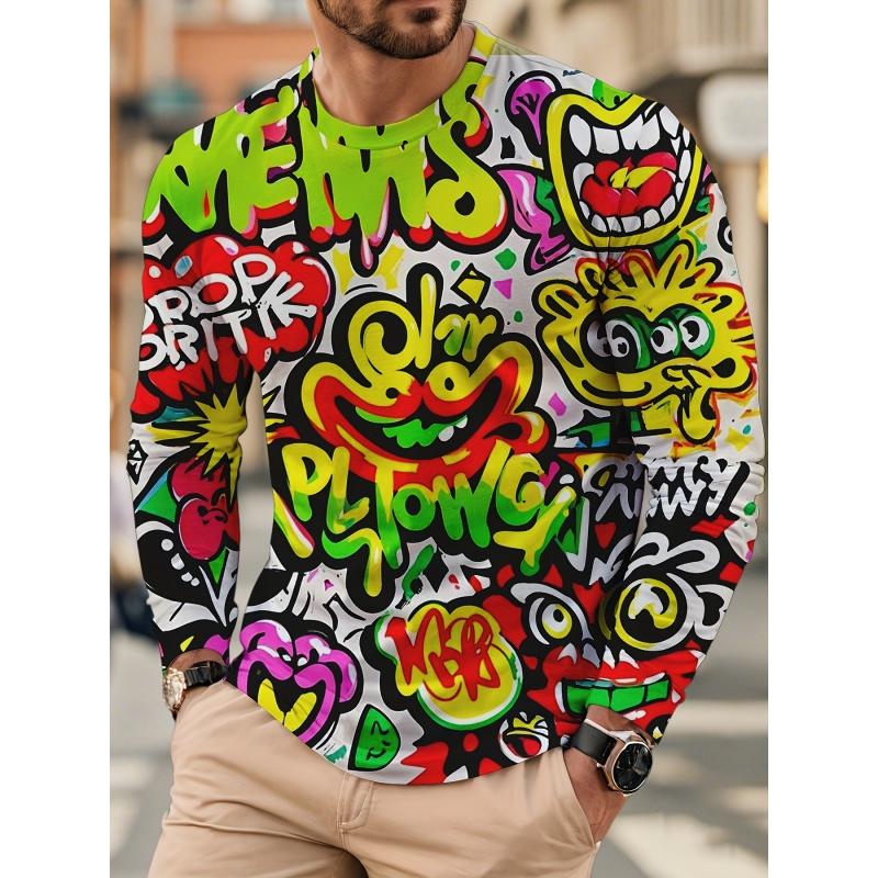 3D Printed Cool Cartoon Graffiti T Shirt For Men Skull Robot Pattern Tees Autumn Casual Long Sleeves O-Neck Tops Loose T-Shirts