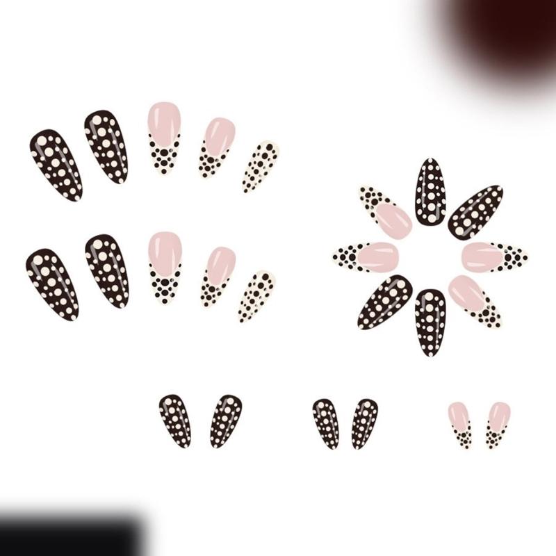 Набор из 24 овальных накладных ногтей Нейтральные бежевые Френч с белыми точками Легко наносить Press On Ногти Набор из АБС-пластика