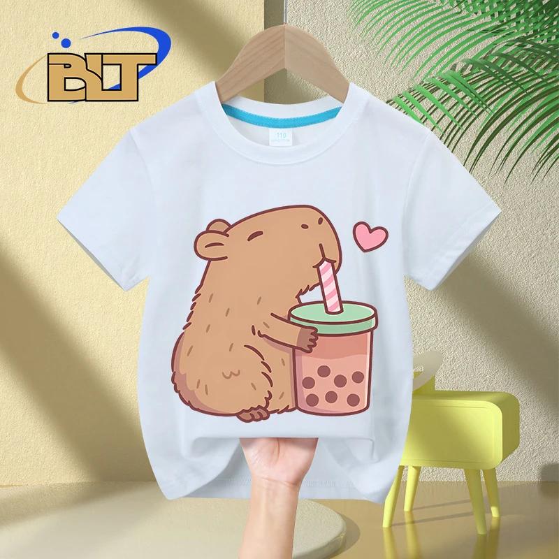 Милая детская футболка с принтом Capybara Loves Bubble Tea, летние детские повседневные топы из чистого хлопка с короткими рукавами, подарки для мальчиков и девочек