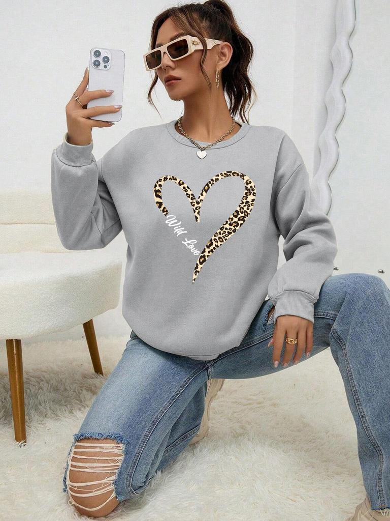 Leopard Wild Heart Pattern Print Female Sweatshirt Street Fur-Liner Pullovers Hipster Clothing All-Match Crewneck Tracksuit