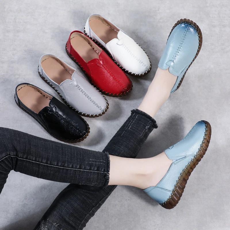 Модная женская обувь Весна/осень Женская повседневная обувь Натуральная кожа Балетки Женские белые мокасины Мокасины для вождения Женская обувь