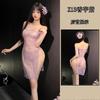 Sexy transparent no-take cheongsam sex underwear one-word collar lace purple perspective hip-wrapped dress Spice Girl suit