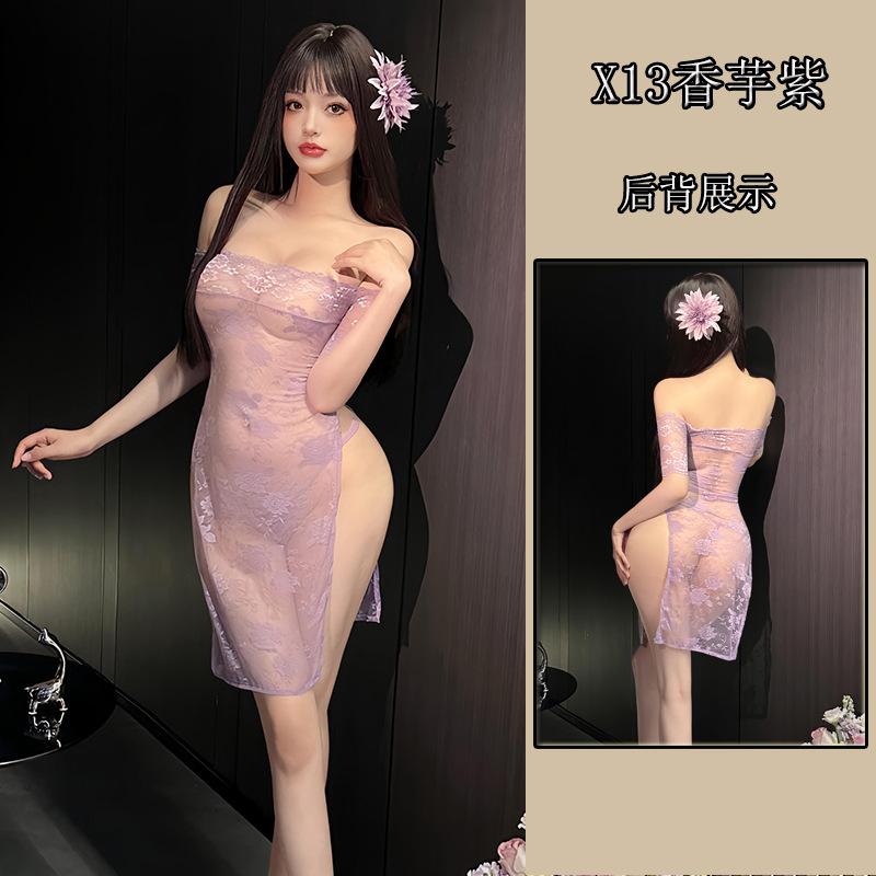 Sexy transparent no-take cheongsam sex underwear one-word collar lace purple perspective hip-wrapped dress Spice Girl suit