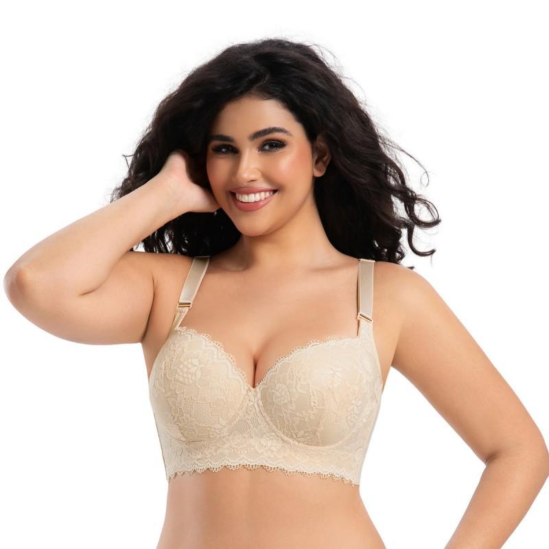 Plus Size Lightweight Lace Bra With Underwire Support Deep V Backless Design Side Control Lift Full Coverage Comfort