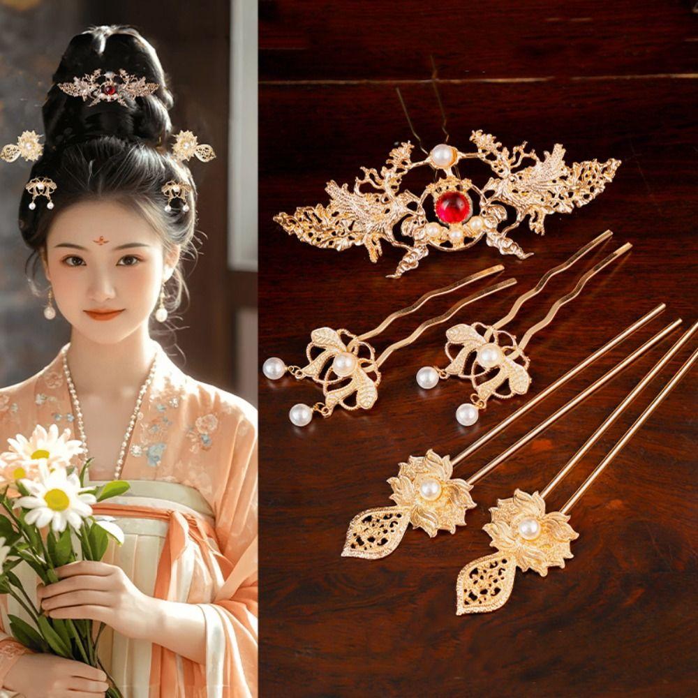 1 комплект жемчужных шпилек династии Тан, китайский стиль, цветок, гребень для волос, ретро, старинные украшения для волос