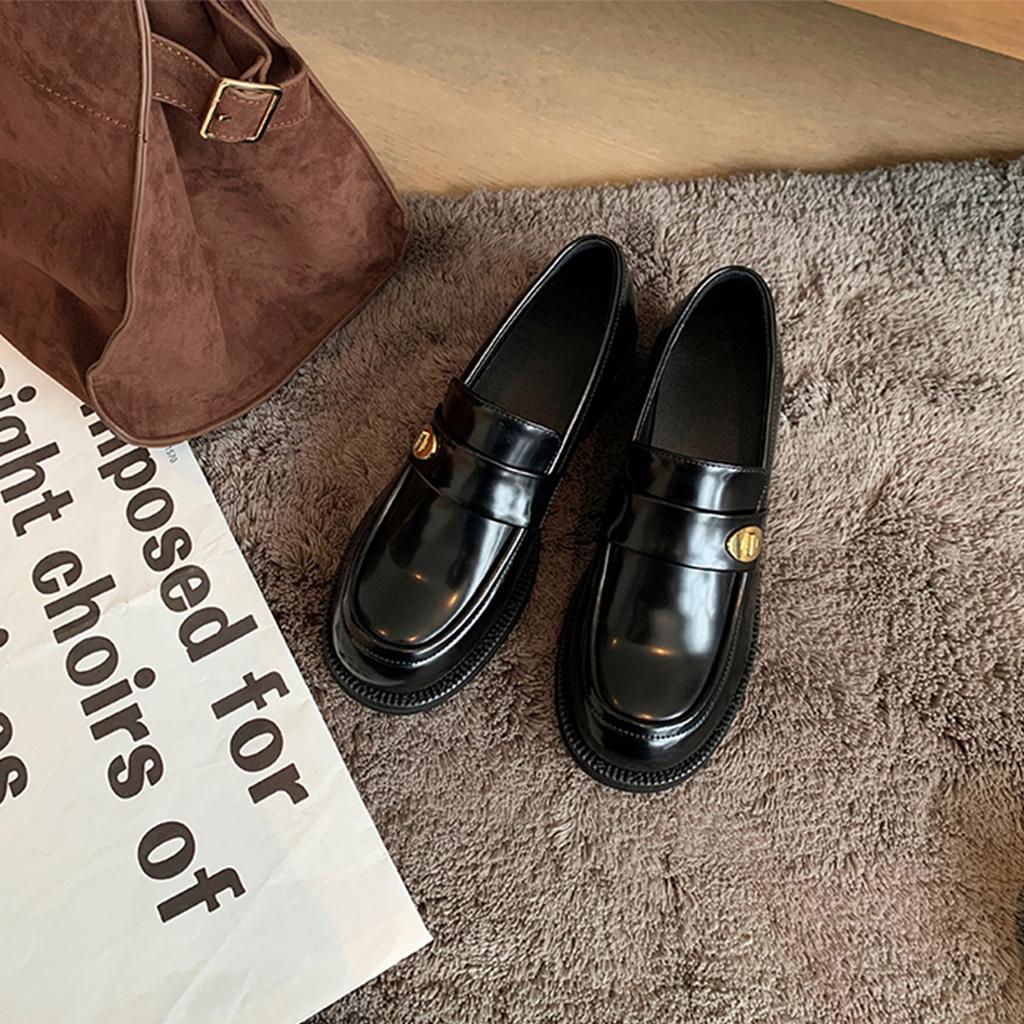 Cowhide Version~ Small Leather Shoes British Style Women's High Versatile Round Head Gold Buckle One Pedal Thick Heel Loafers Uniform Single Shoes
