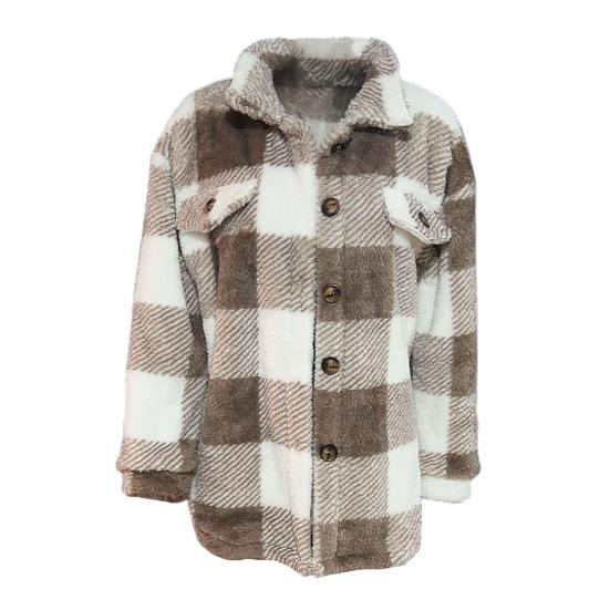 Fall Winter Women Jacket with Fake Pockets Contrast Color Plaid Print Plus Size
