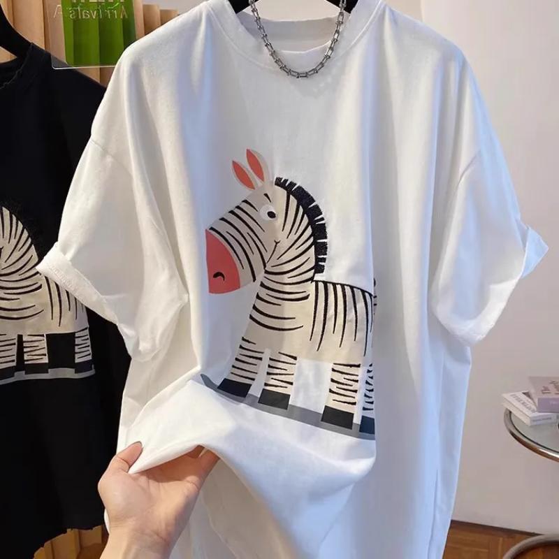 Женская Унисекс Оверсайз Футболка с Коротким Рукавом Мультяшный Принт Зебры Повседневный Белый Топ