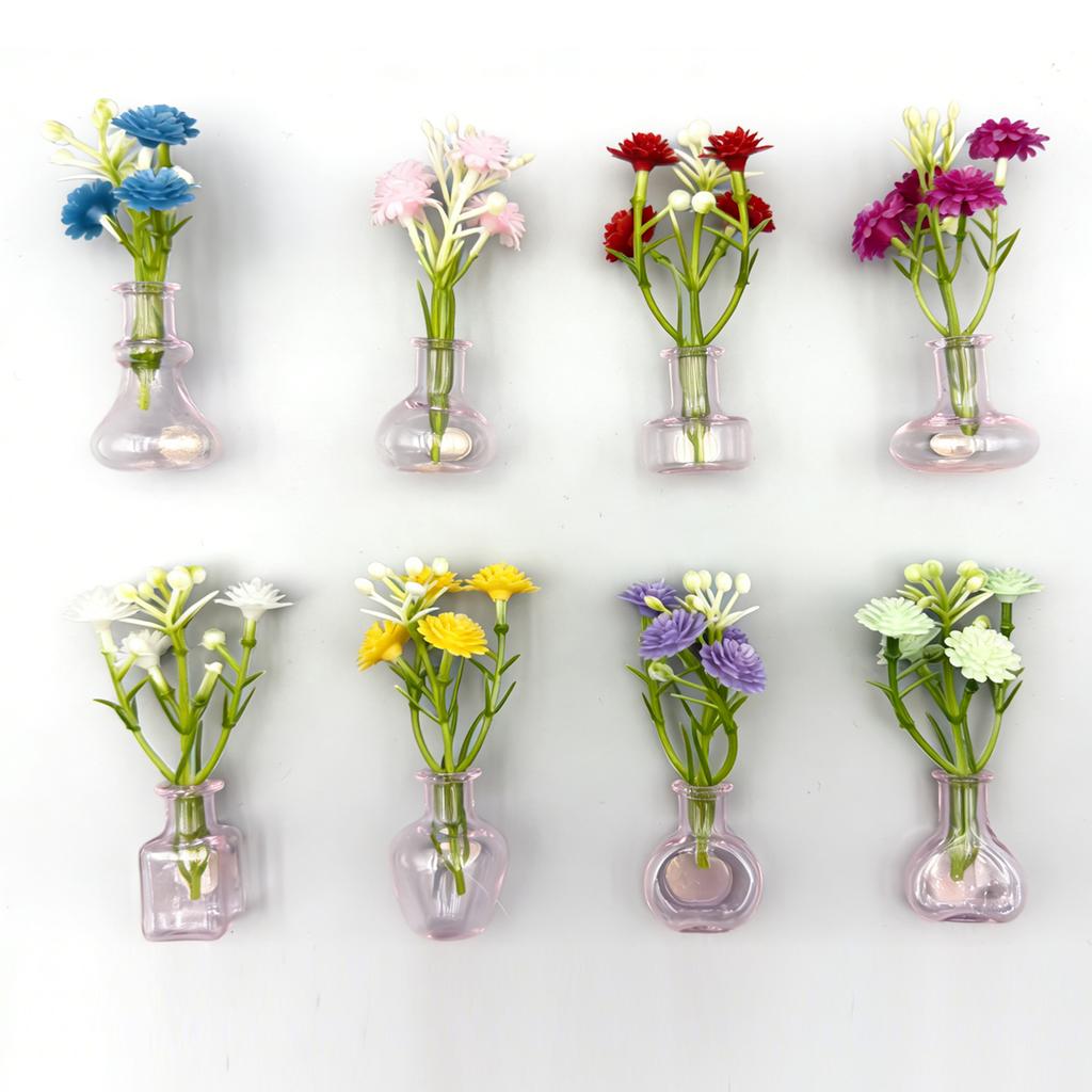 5/8pc Miniature Glass Vases with Faux Flowers Fridge Magnets Set, Artificial Plants Refrigerator Magnet for Kitchen Office Decor