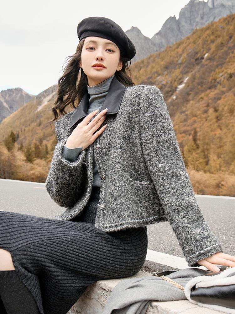 Mishow Шерстяное пальто для женщин, новинка 2023 года, зимняя винтажная однобортная однобортная куртка из искусственной кожи в стиле пэчворк в корейском стиле MXC53W0235