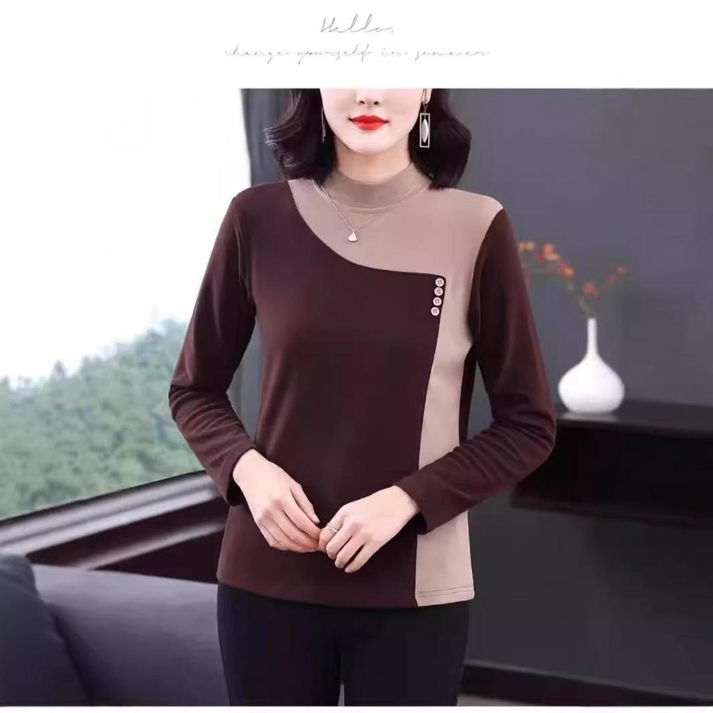 Round Neck Long Sleeve German Velvet Color Block T-shirt for Autumn and Winter