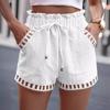 Women Summer Shorts Drawstring Elastic Waist Shirring Edge Hollow Out Side Pockets Solid Color Loose Above Knee Length Casual Sport Daily Mini Shorts