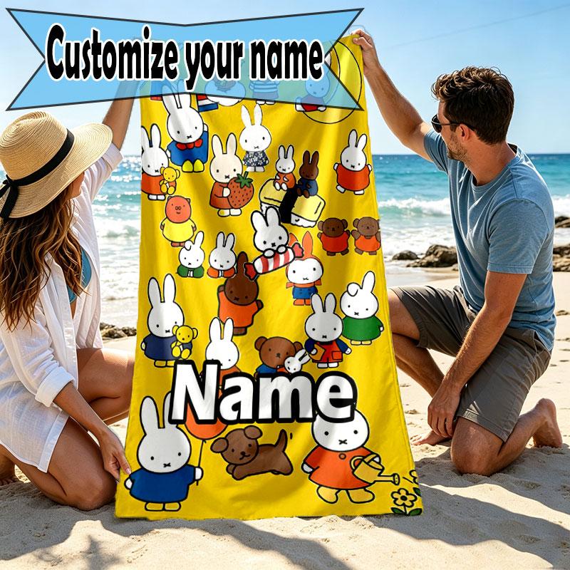 Custom Name Personalized Miffy Print Beach Towel, for Trip Camping Beach Party Home Decor, Birthday Gift for Family & Friends