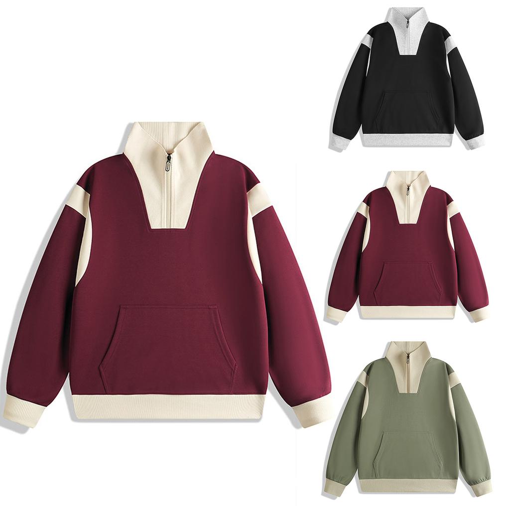 New Fashion Sports Striped Hoodie Color Patchwork Long Sleeve T-shirt Men's And Women's Loose Casual Zipper Stand-up Collar Top