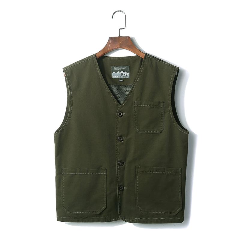 Extra Large Collarless Cotton Vest with Multiple Pockets for Spring/Autumn Outdoor Workwear