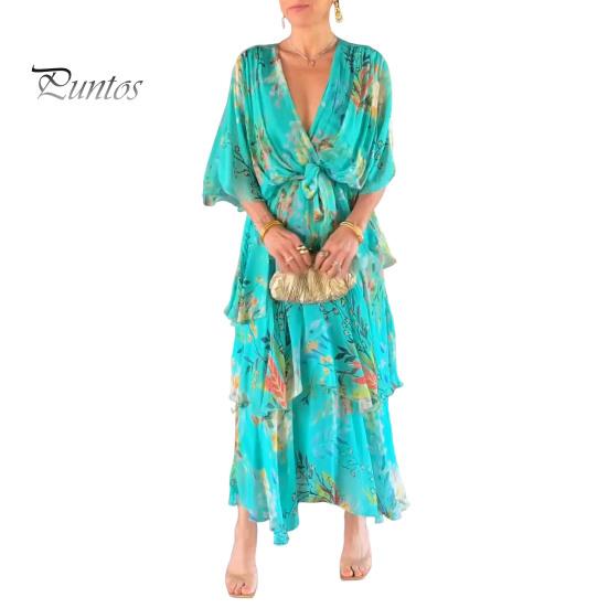 Women Dress Multi-layered Hem Lace-up Slim Waist Colorful Printing Maxi Dress Mid Sleeve V Neck Vacation Party Dress