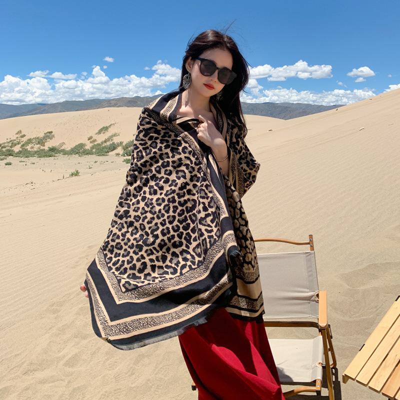New Autumn and Winter Leopard Print Imitation Cashmere Scarf for Women Double Sided Temperament Fashion Jacquard Shawl Widened and Thickened Scarf