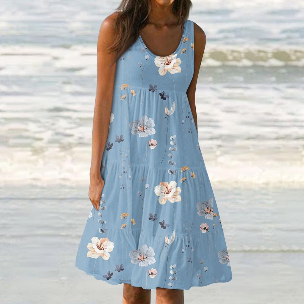 Женские платья-жилеты Лето-весна Плиссированные богемные платья Симпатичные струящиеся пляжные платья без рукавов Прямая футболка Платья-майки Платья с круглым вырезом