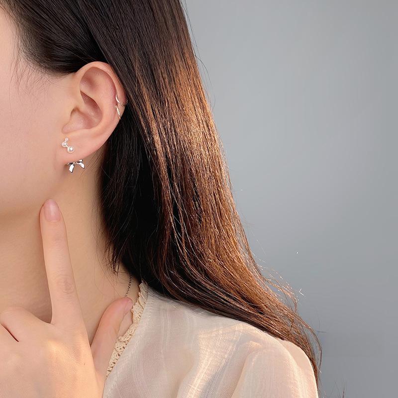 Милые серьги-гвоздики с жемчужным бантом для женщин, французские женские серьги-гвоздики сзади