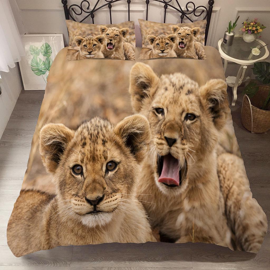 Lion Tiger King Queen Duvet Cover Lovely Wild Animals Bedding Set For Kids Teens Adults Wildlife Grey Black 2/3pcs Quilt Cover