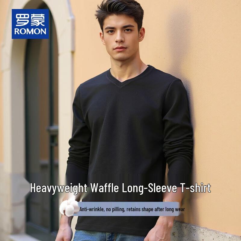 ROMON Men's Waffle V-Neck Long Sleeve T-Shirt