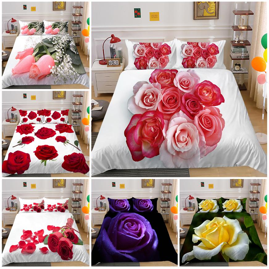 Домашнее постельное белье в цветочном стиле ко Дню святого Валентина, комплект пуховых пододеяльников, пододеяльник для спальни, наволочка, полноразмерное постельное белье для односпальной/двуспальной кровати