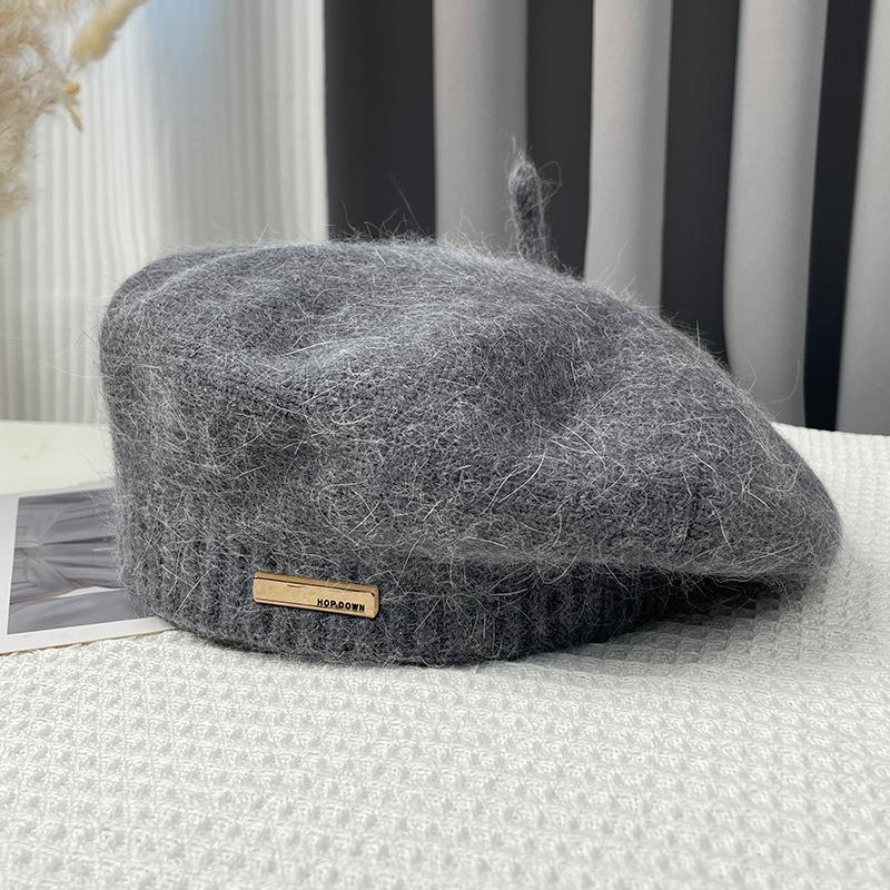 Rabbit Hair Beret Hat for Women Autumn Winter Korean Gray Painter Hats Retro Iron Logo Yarn Bud Caps