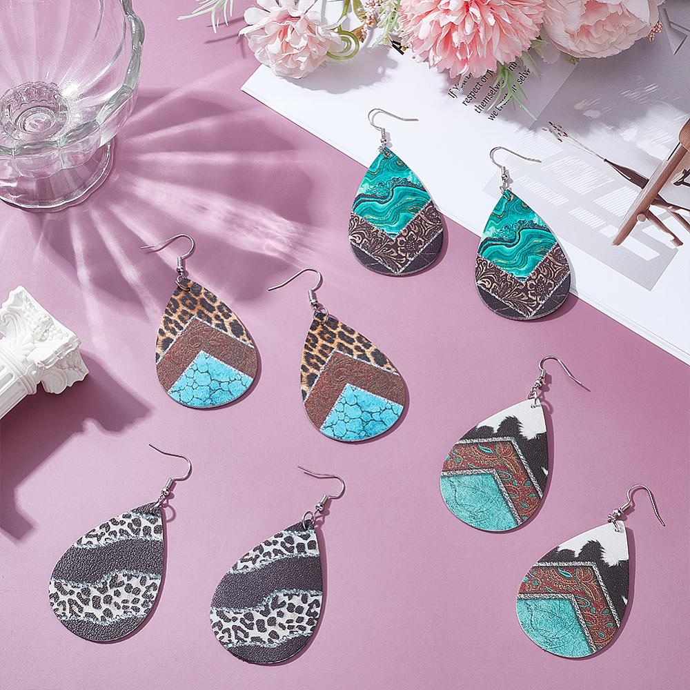 4 Pairs 4 Styles Leather Dangle Earrings, Teardrop, Mixed Color, 77.5~78.5x38.5mm, 1pair/style