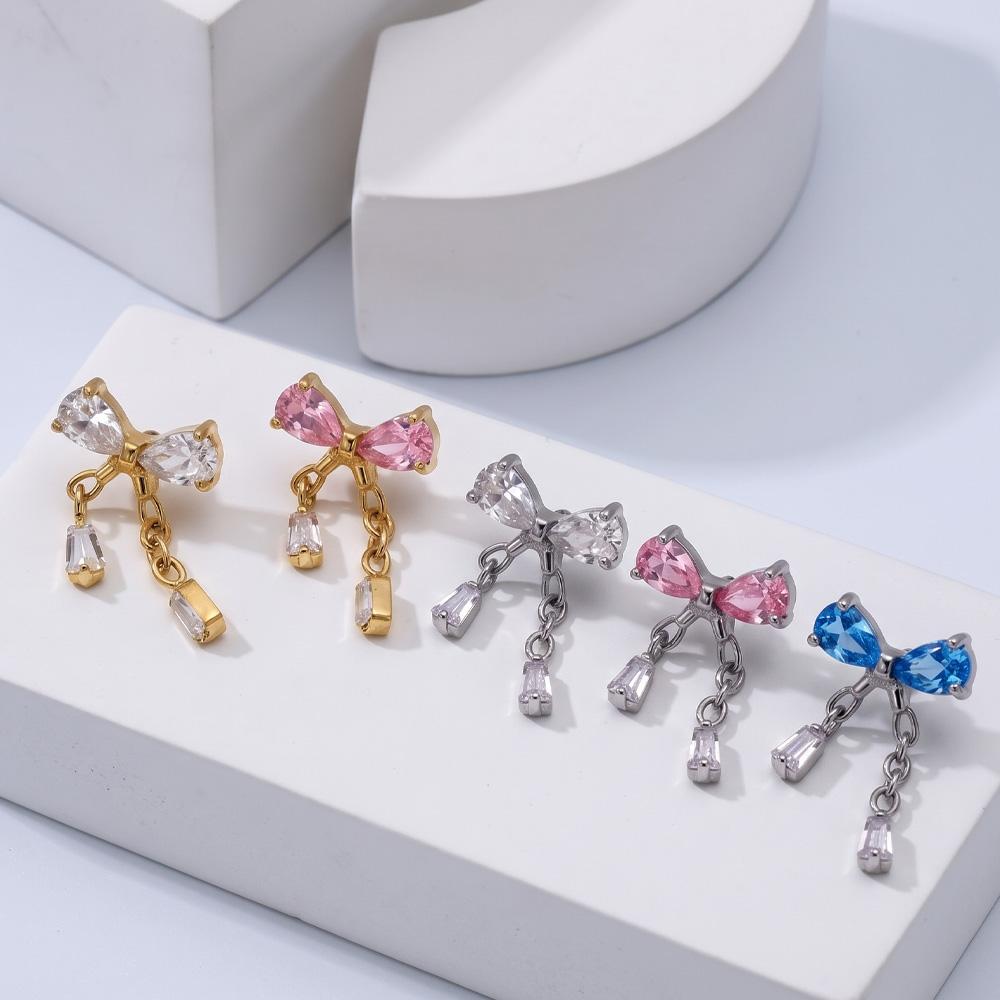 ASTM F136 Titanium Bow Dangle Labret Stud Pink Blue Clear Zircon Cube Chain Pendant Helix Tragus Cartilage Piercing Jewelry