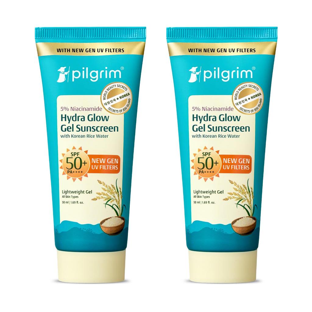 Pilgrim Солнцезащитный гель Hydra Glow с 5% ниацинамида, протестирован InVivo, SPF 50+ PA++++ (Упаковка из 2 шт.) с корейской рисовой водой | УФ-фильтры нового поколения | Легкий