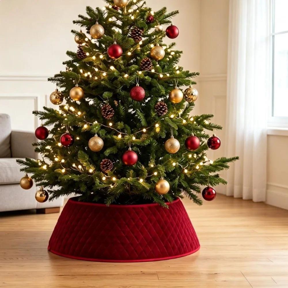 Christmas Tree Skirt – Diamond Pattern Wine Red/Berry/Green/White Base Wrap, Premium Fabric Circle Rug for Holiday Tree Bottom Decoration