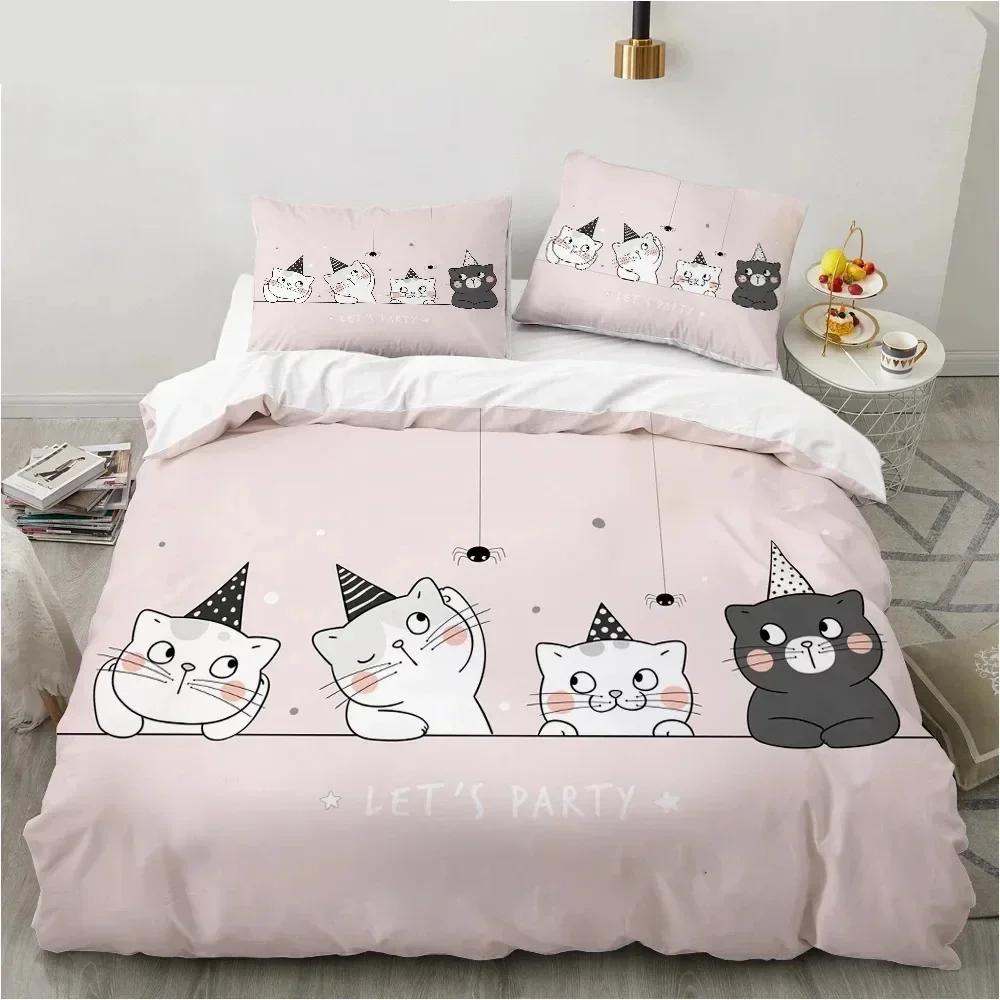 New 3D Print Cartoon Cat and Fish Comfortable Duvet Quilt Cover Pillowcase Bedding Set Children Bedroom Decoration Home Textile