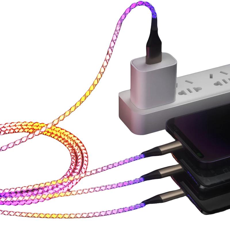 66 Вт 6A 3 в 1 кабель для быстрой зарядки типа C Micro USB RGB цветной светящийся стример для iPhone Huawei Xiaomi зарядное устройство USB-кабель