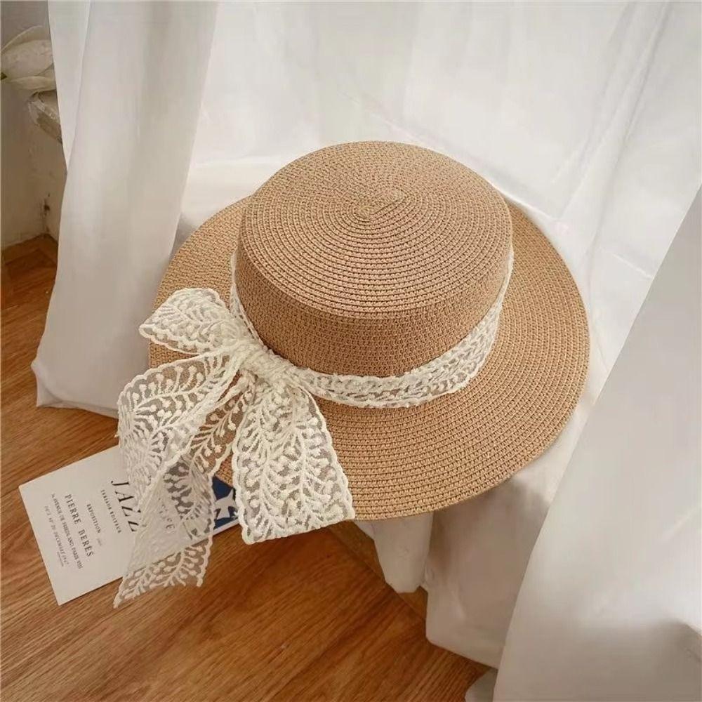 Spring Summer Flat Top Straw Hats French Style Women's Sun Hat Fashion Bow Ribbon Straw Hat Female