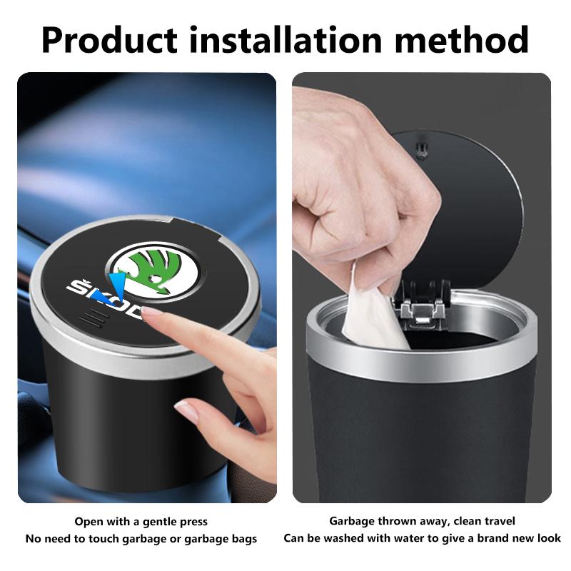 AAFO1 Car Trash Can Mini Waterproof Storage Cup Holder Garbage Bin Lid Accessories For Skoda Octavia A5 A7 RS Fabia Superb Rapid Karoq