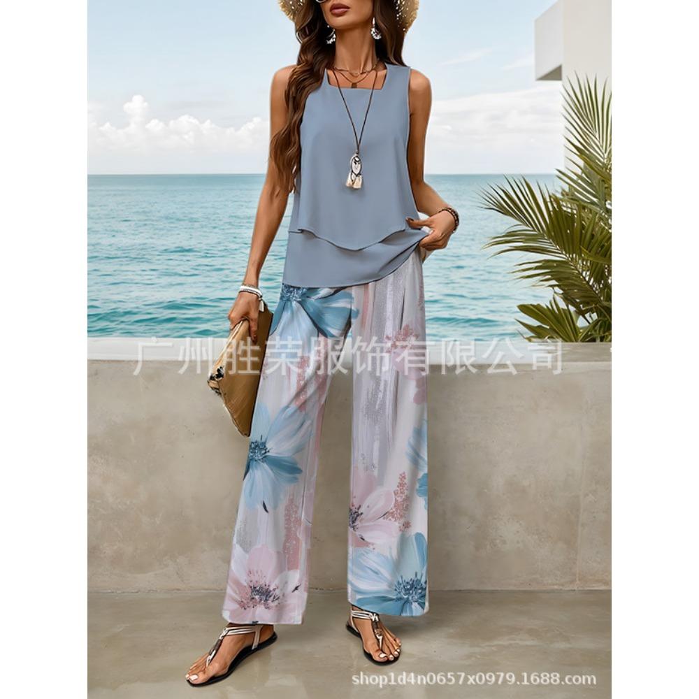 Layer Double Women Sleeveless Vest And Pants Set Casual Solid Two Piece Outfit Fashion Daily Matching Suit