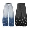 Mens Washed Denim Wide Leg Straight Cut Jeans With Gradient Star Print Streetwear Loose Fit