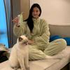 320G Flannel Pajamas Women's Matcha Green Zipper Autumn and Winter Thickened Coral Fleece Warm Loungewear Set