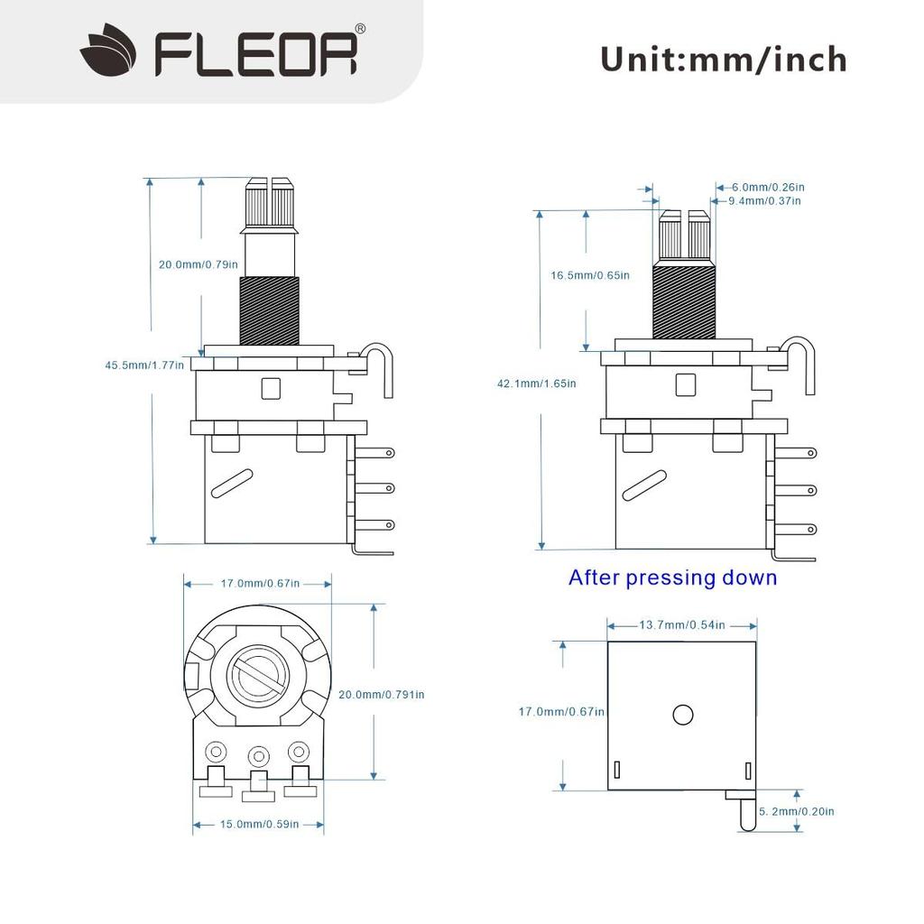 FLEOR 2 шт. A250k + 2 шт. B250k Push-Push Потенциометры для гитары, Короткий медный разрезной вал, Потенциометр громкости/тона для гитары, 18 шлицов