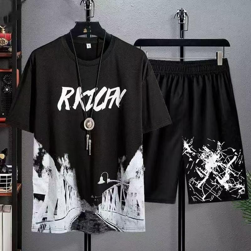 Модный Свободный Комплект Мужской Одежды с Футболкой с Коротким Рукавом и Стильным Костюмом, Короткорукавная Футболка для Молодых Мужчин