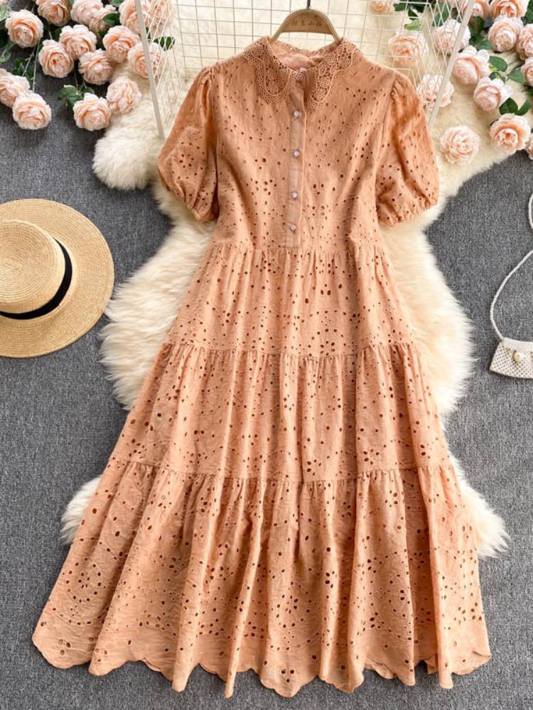 New Elegant Hollow Out Embroidered Polo Bubble Sleeves Loose Bohemian Vacation Dress Womecasual Dresses for Women