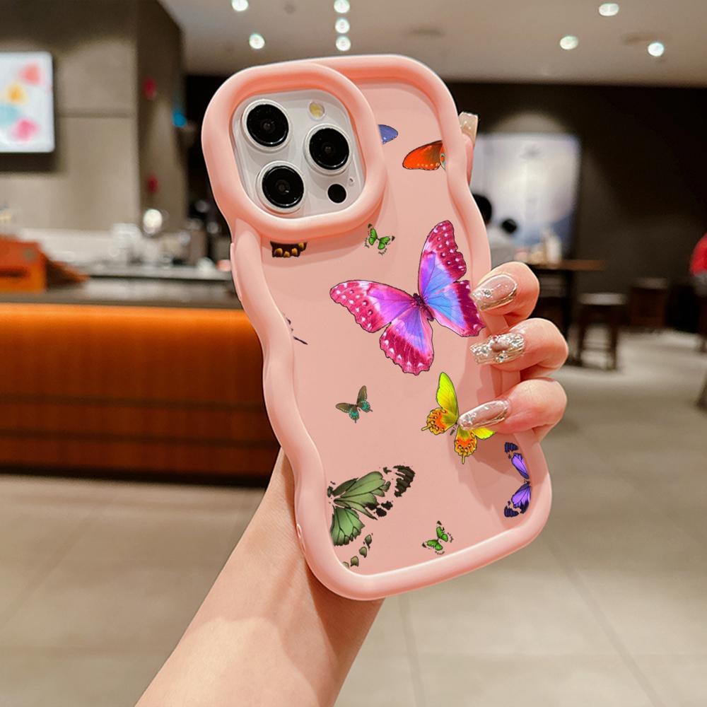 Чехлы для телефонов N76 Butterfly Macaron Wavy Edge для iPhone 16 Pro Max Samsung S24 Plus S23 Ultra A35 A54 A55 Xiaomi Redmi Note 13, противоударный чехол