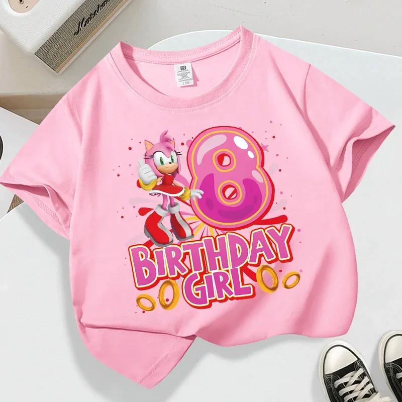 Summer Breathable T-shirts Short Sleeves Shirt Gift Sonics New Pink T-shirt for Girls Birthday Number 1-9 Cute Cartoon White Tee