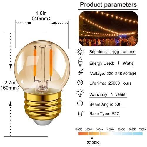 Hcnew G40 E27 LED rétro ampoule à filament Edison Mini Globe 1W ampoule en verre ambre clair 230V pour guirlandes extérieures, lum
