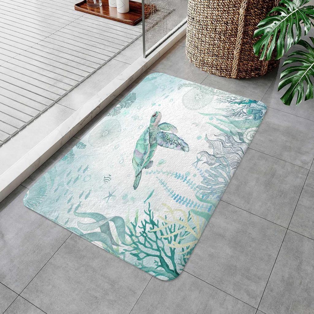 Tropical Sea Turtle Bath Mat for Bathroom Rug Ocean Coral Print Absorbent Waterproof Nautical Home Decor Spa Runner