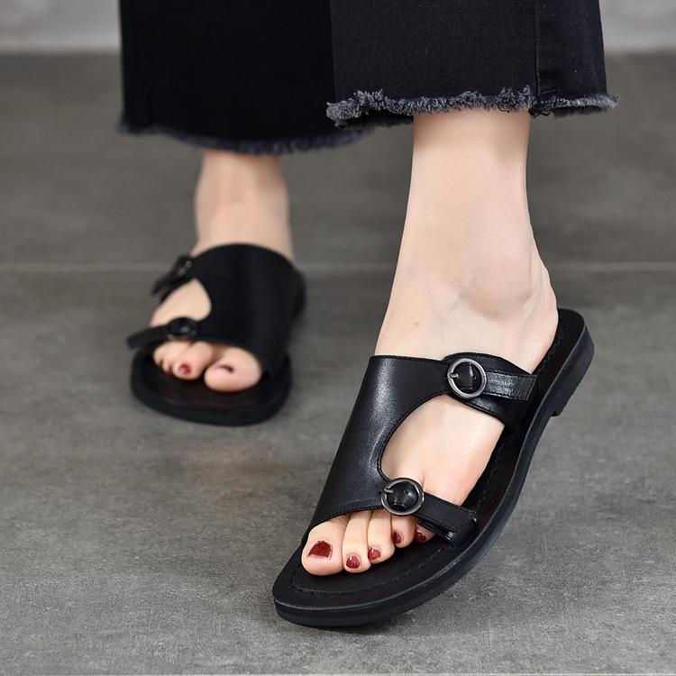 Johnature Retro Genuine Leather Flat Slippers Round Toe Solid Colors Soft Sole Women Outdoor Slides