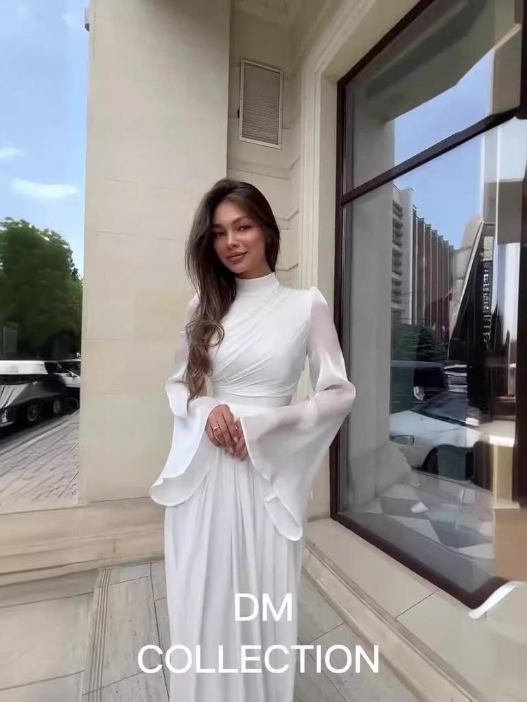 2024 Осень Однотонное Повседневное Платье Макси с Рукавами-Колокольчиками и Завышенной Талией