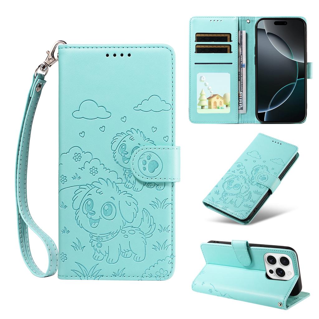For iPhone 16 Pro Max Case RFID Blocking Imprinted Dog Pattern PU Leather Phone Cover with Wrist Strap