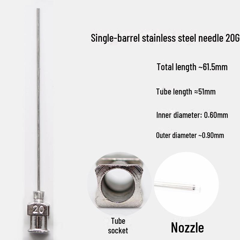Дозирующая игла из нержавеющей стали с плоским кончиком, общая длина 61,5 мм, длина трубки 50 мм.