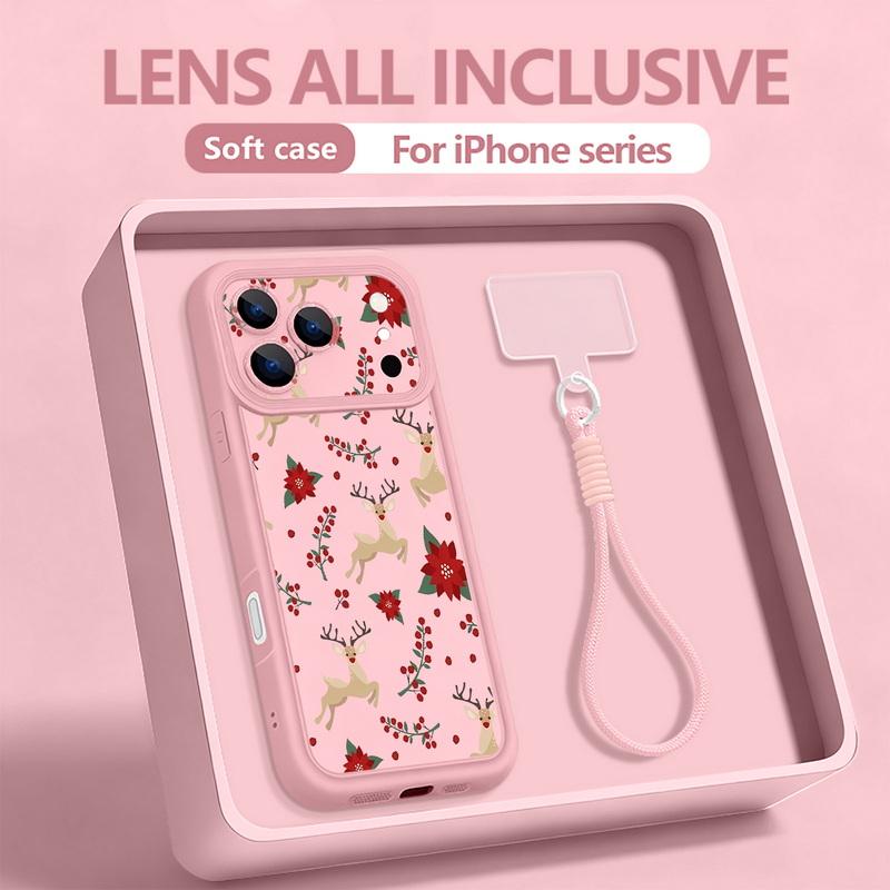 Чехол-футляр на шнурке для iPhone 17 Pro Max 16 17 14 15 Pro 12 13 Pro Max Air 16e 11 с рисунком Красный олень и цветами, ремешок на запястье, мягкая крышка